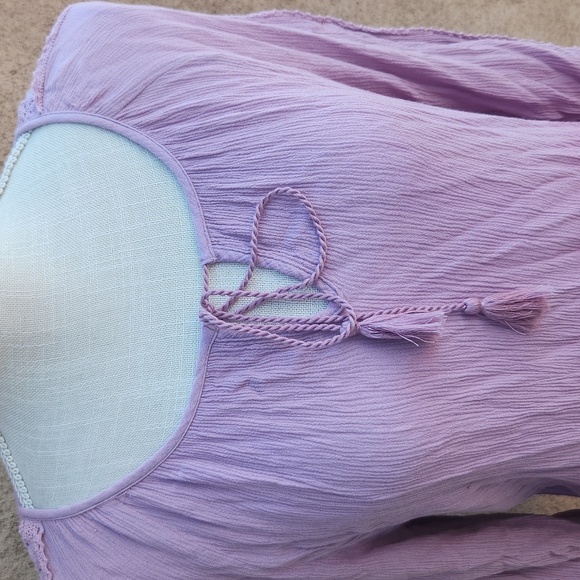 Como Vintage Ombre High-low Hem 3/4 Sleeve Tassel Tie Keyhole Crew Neck Blouse - Picture 2 of 8